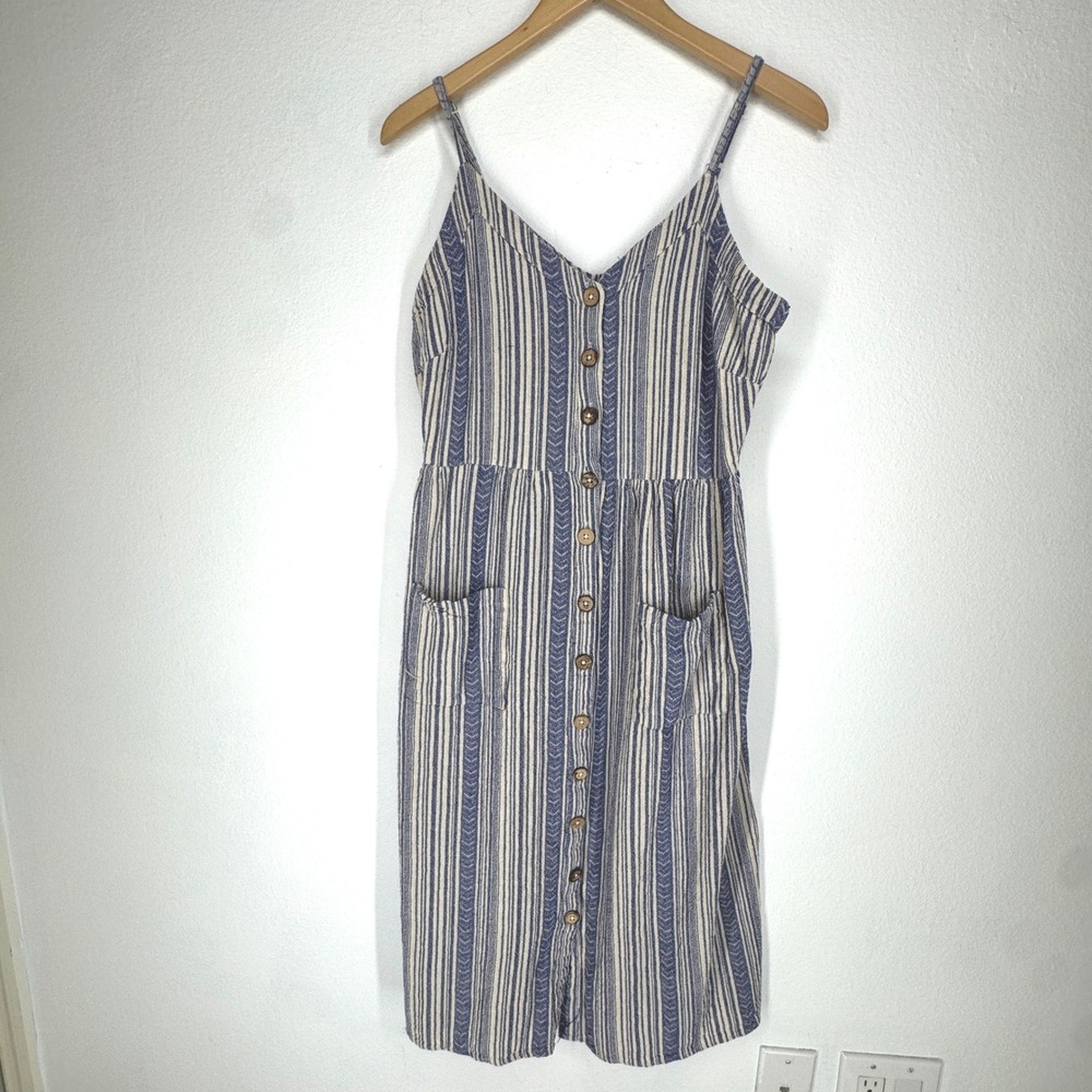 Vintage Angie Y2K Striped Cotton Button Midi Dress Pockets Medium Boho Nautical‎